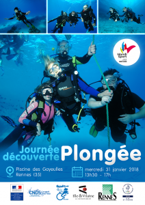 Affiche de la journée découverte de la plongée le 31 janvier 2018 à la piscine des Gayeulles à Rennes représentant un gros plan en piscine sur 4 plongeurs en train de faire leur pallier atttachés à une corde
