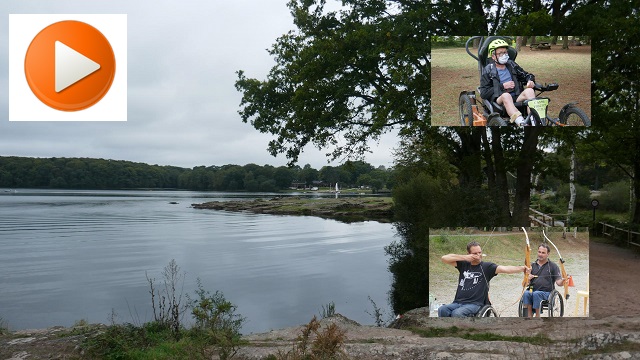 Montage photo du Lac de Trémelin en arrière plan avec 2 médiallons image de Fauteuil Tout Terrain et de Tir à l'Arc
